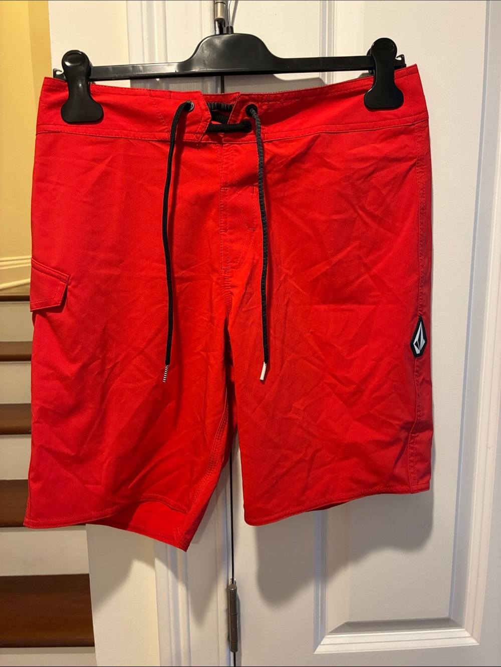 Volcom Men's Bright Red Board Shorts with Black Drawstring